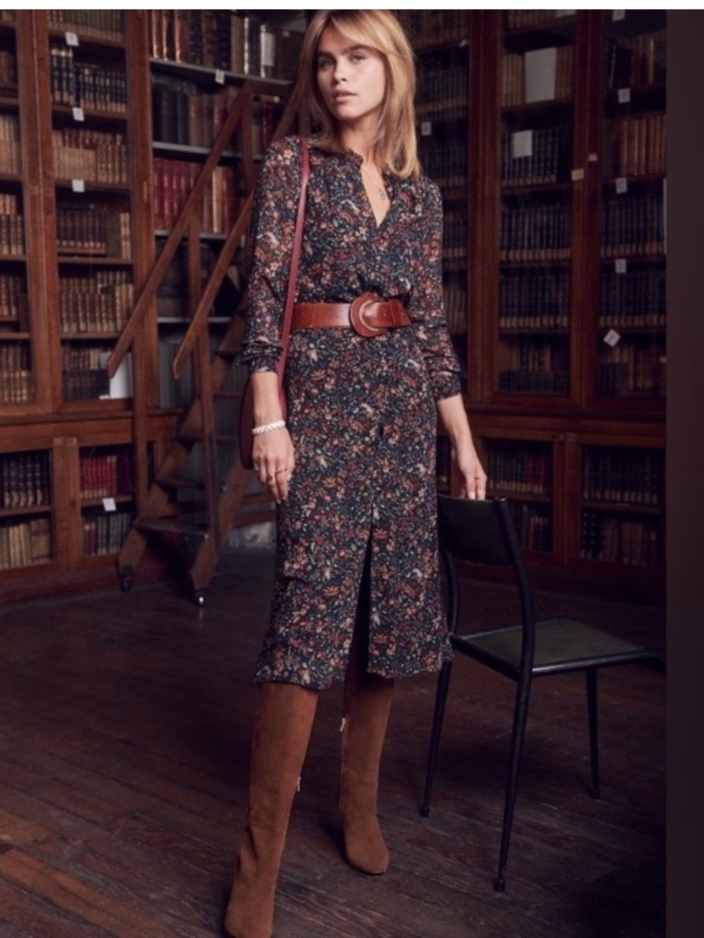 Sezane Clémence Dress. Imprimé Feuillage Fond Noir - Size 38